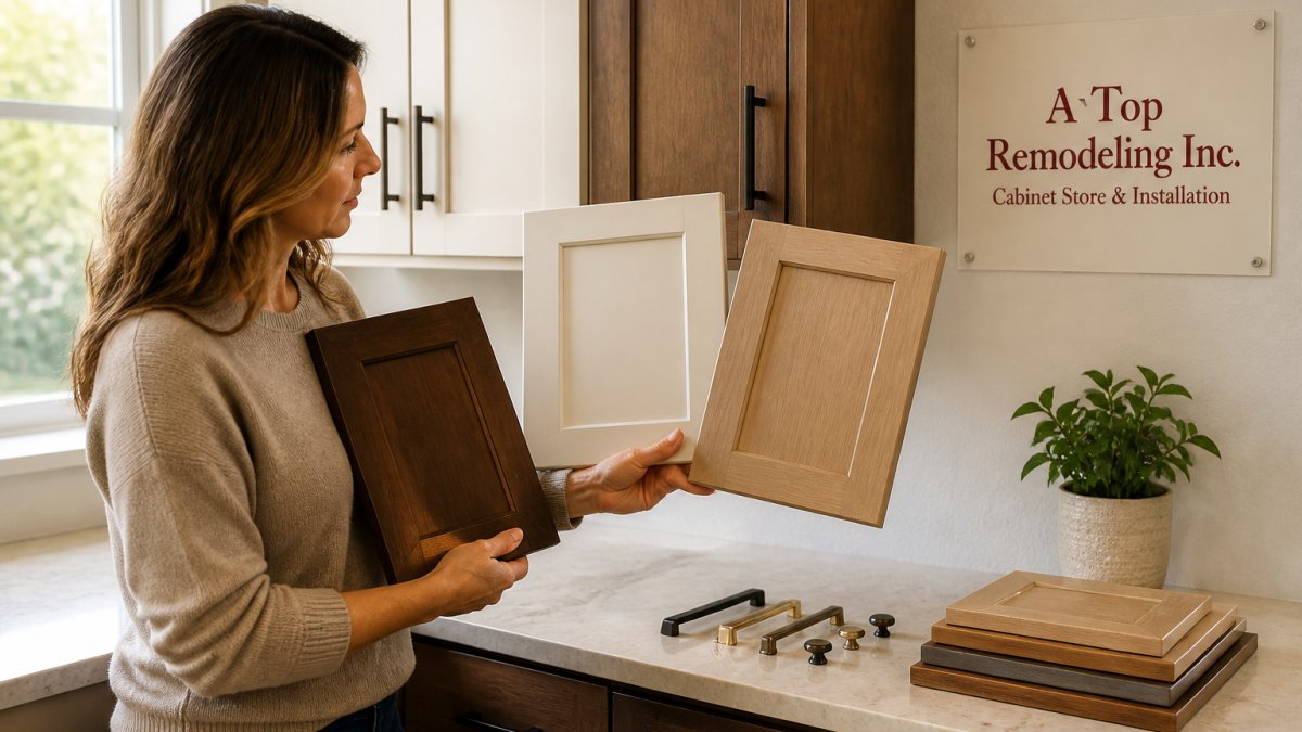 A homeowner holding three kitchen cabinet door samples in different wood finishes next to existing kitchen cabinets, natural light from a window
