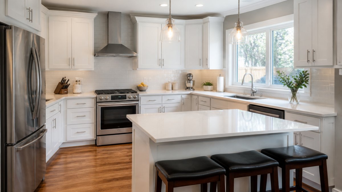Bright modern kitchen renovated by expert kitchen renovation contractors featuring white cabinets and quartz counters