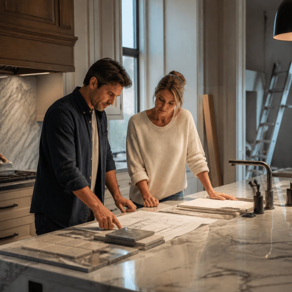 A designer and homeowner reviewing blueprints and material samples at a marble countertop in a bright, upscale kitchen under renovation