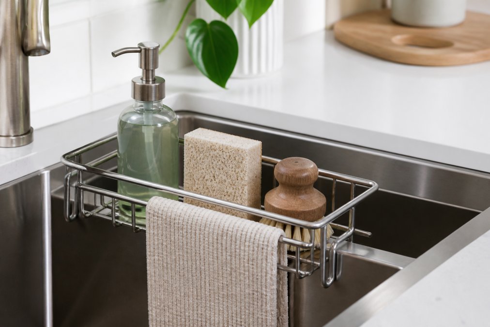 A close-up of a stainless steel sink caddy resting over a kitchen sink divider, holding a sponge, scrub brush, and dish soap, with a dishcloth hanging from its bar in a bright modern kitchen