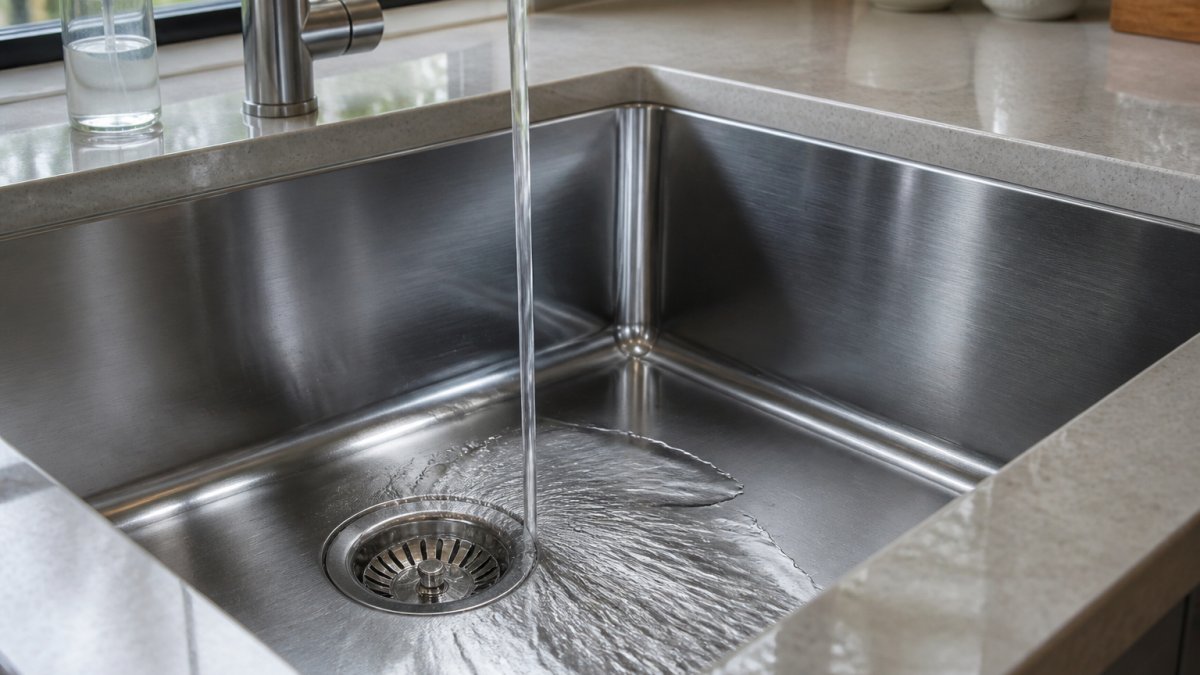 Professional kitchen showing stainless steel sink with water running over brushed finish surface, natural light reflecting off the material to highlight texture and durability