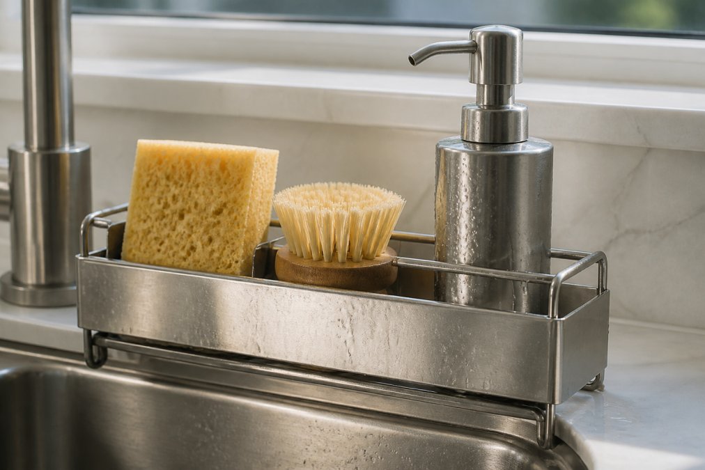 Stainless steel sink organizers holding a sponge, brush, and soap on a clean kitchen counter with water droplets.