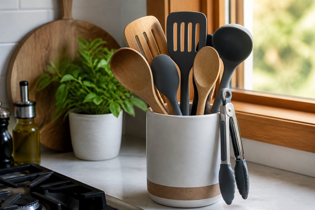 Close-up of a set of silicone and wooden cooking utensils including spatulas, ladles, and tongs displayed upright in a ceramic holder on a modern kitchen countertop with warm natural light