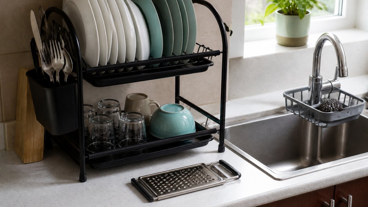 A compact apartment kitchen counter with a two-tier dish drying rack holding plates and utensils, a sink drain rack clipped to the tap, and a foldable box grater resting flat on the surface