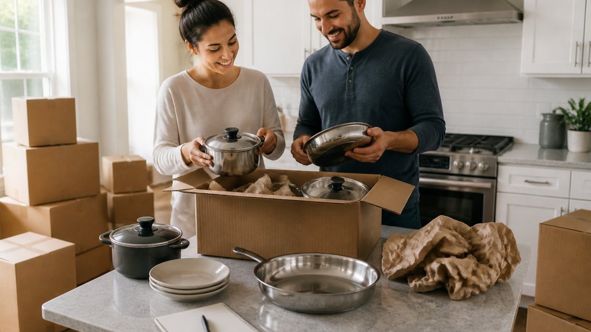 A young couple unpacking a box of pots and pans in a bright, mostly empty new kitchen, cardboard boxes stacked nearby and a handwritten checklist resting on the bare counter under morning light