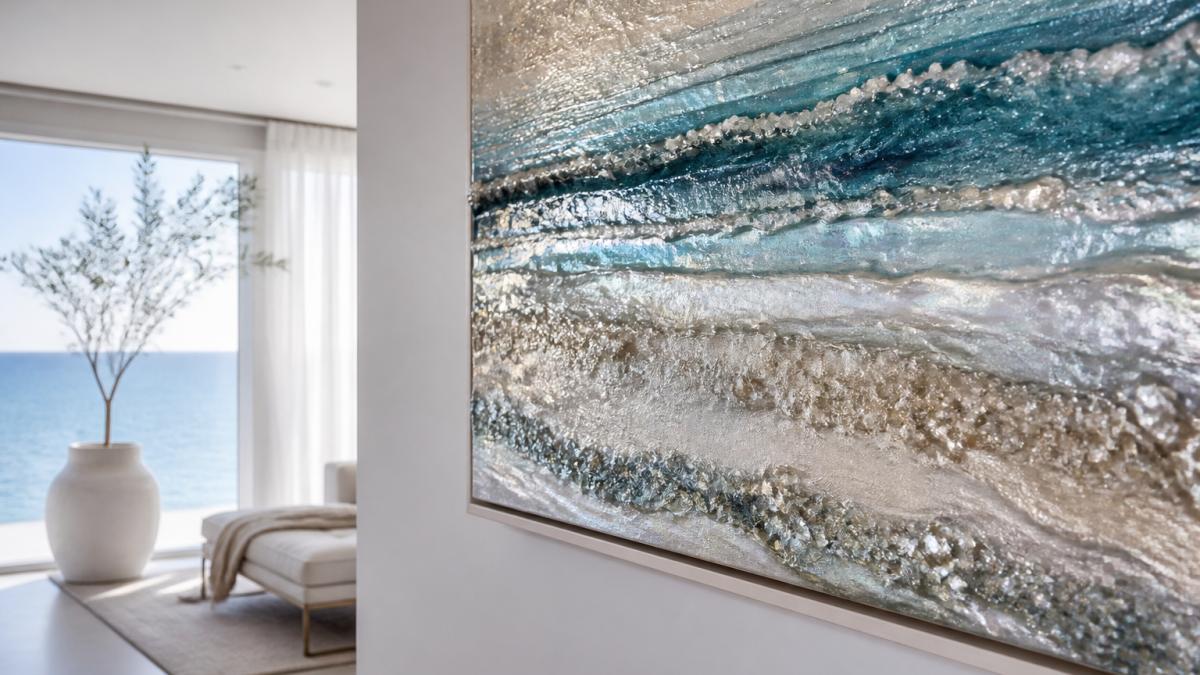 A close-up photograph of a textured abstract seascape painting with iridescent layers and visible diamond accents, displayed on a white gallery wall in a bright, minimalist room