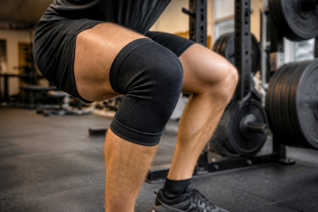 Athlete performing a squat in a gym while wearing a black compression knee brace for support