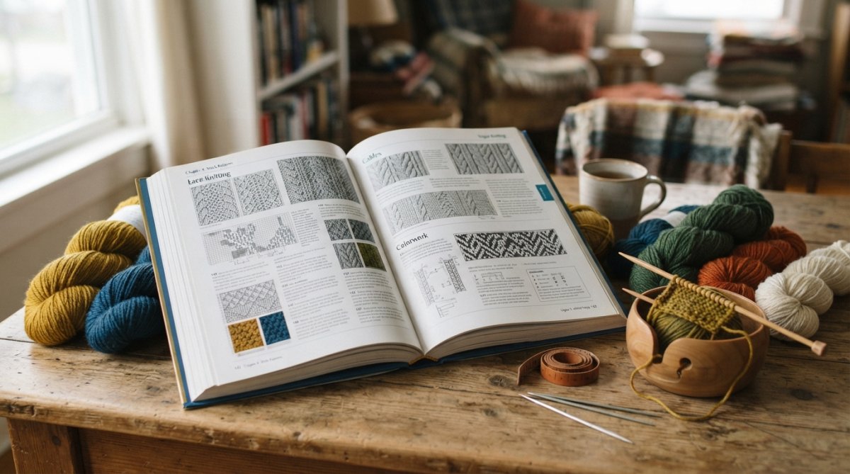 Open copy of Vogue Knitting book on a wooden table, showing detailed stitch illustrations and colorful yarn skeins nearby