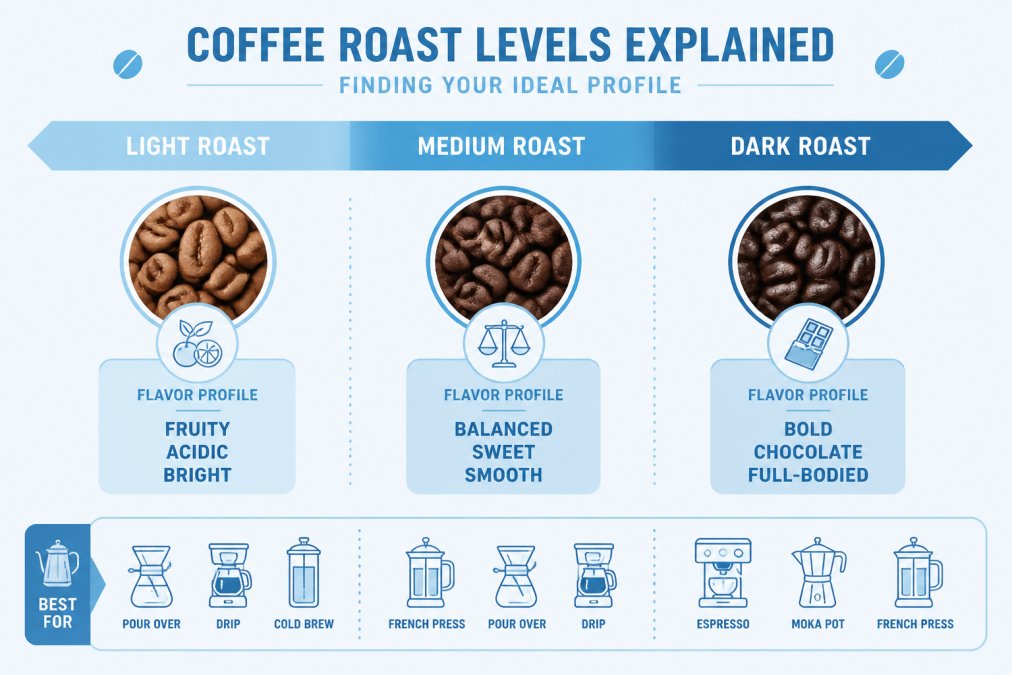 Infographic showing flavor profiles and characteristics of light, medium, and dark coffee roasts