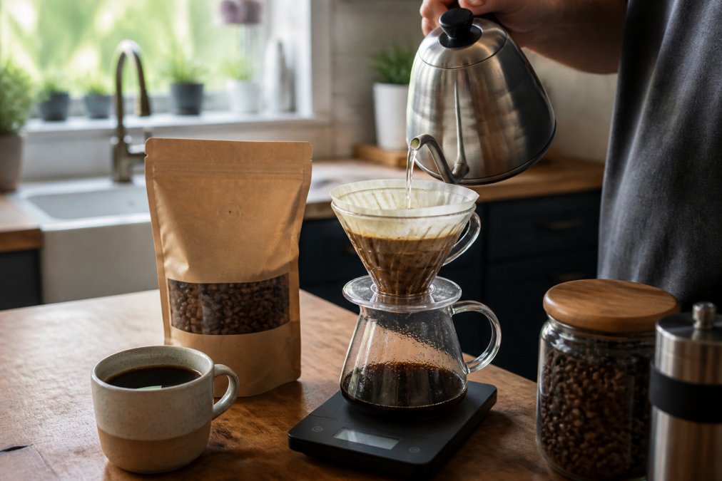 Pour-over dripper, gooseneck kettle, and whole coffee beans prepared on a kitchen counter for a fresh brew