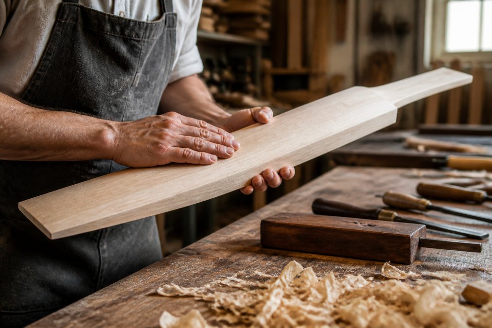 Craftsman inspecting the grain of a cricket bat cleft, a quality kookaburra alternative, in a traditional wood workshop.