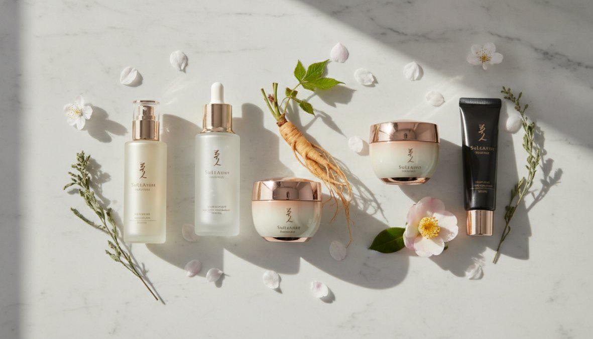 Luxury Korean skincare bottles and jars arranged on marble surface with fresh ginseng root and white peony flowers, soft natural window lighting