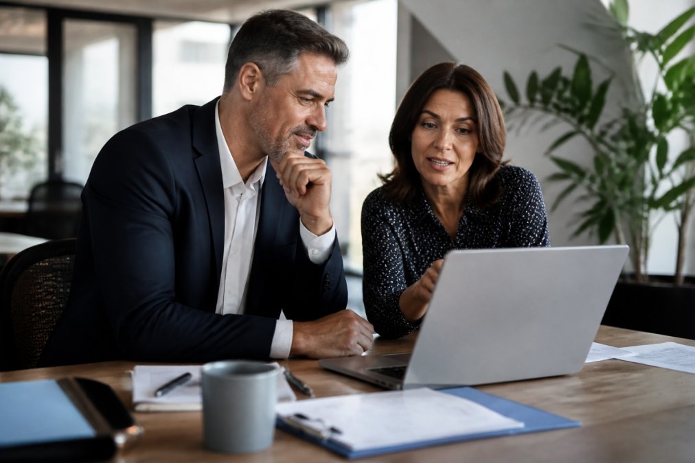 Senior leader and HR professional reviewing leadership development options on laptop in bright, contemporary office setting with natural light and modern furniture