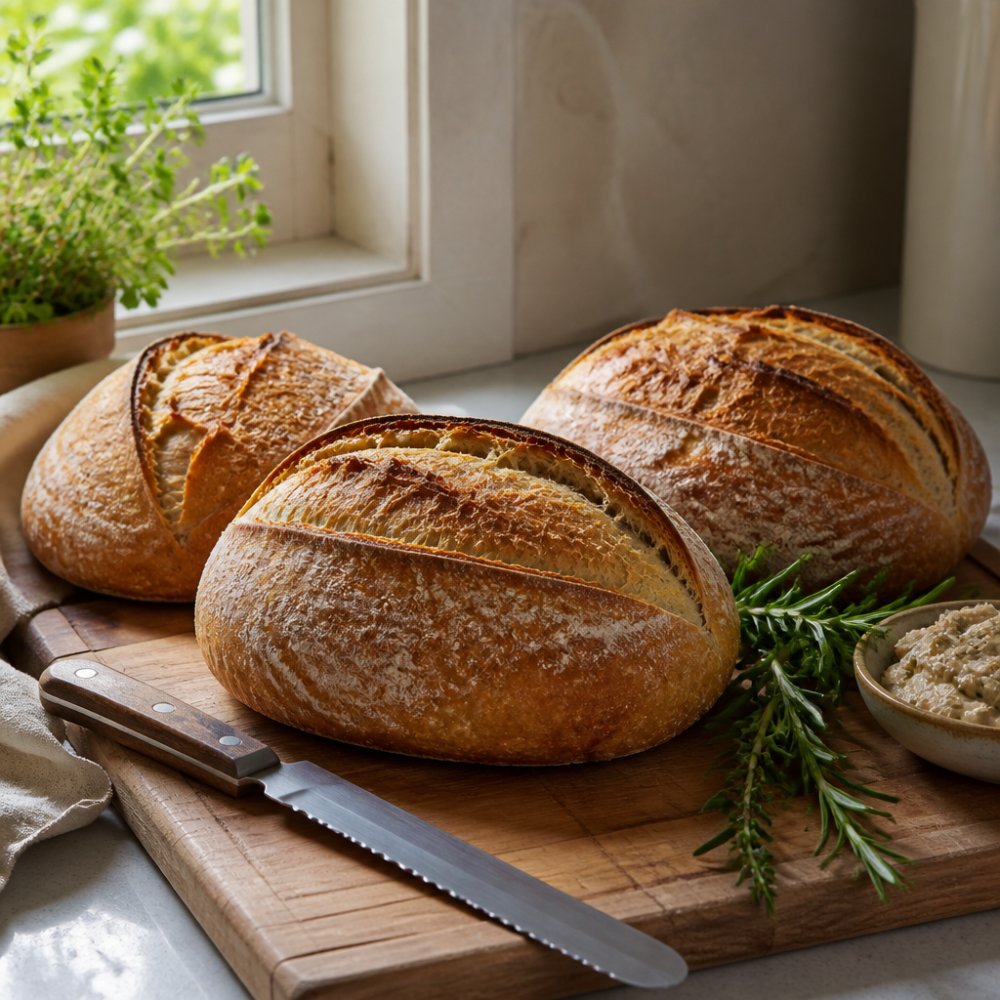 Artisan sourdough loaves with crisp golden crust arranged on a wooden cutting board, fresh herbs and a challah knife beside them, warm natural window lighting