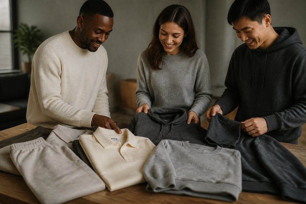 Flat-lay arrangement of folded premium basics in neutral tones, a cream cotton polo, gray fleece sweatshirt, and charcoal hoodie, displayed on natural linen with soft window lighting, showcasing color coordination and fabric texture