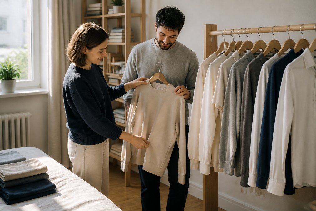 Minimalist closet with a curated collection of neutral essentials, cream sweatshirts, gray polos, charcoal hoodies, and navy basics, hanging neatly on a wooden rack with soft natural light streaming through a window, showcasing how fewer quality pieces work together