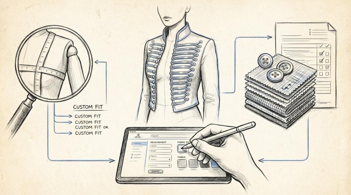 Woman wearing a custom-fitted red hussar jacket with gold braiding