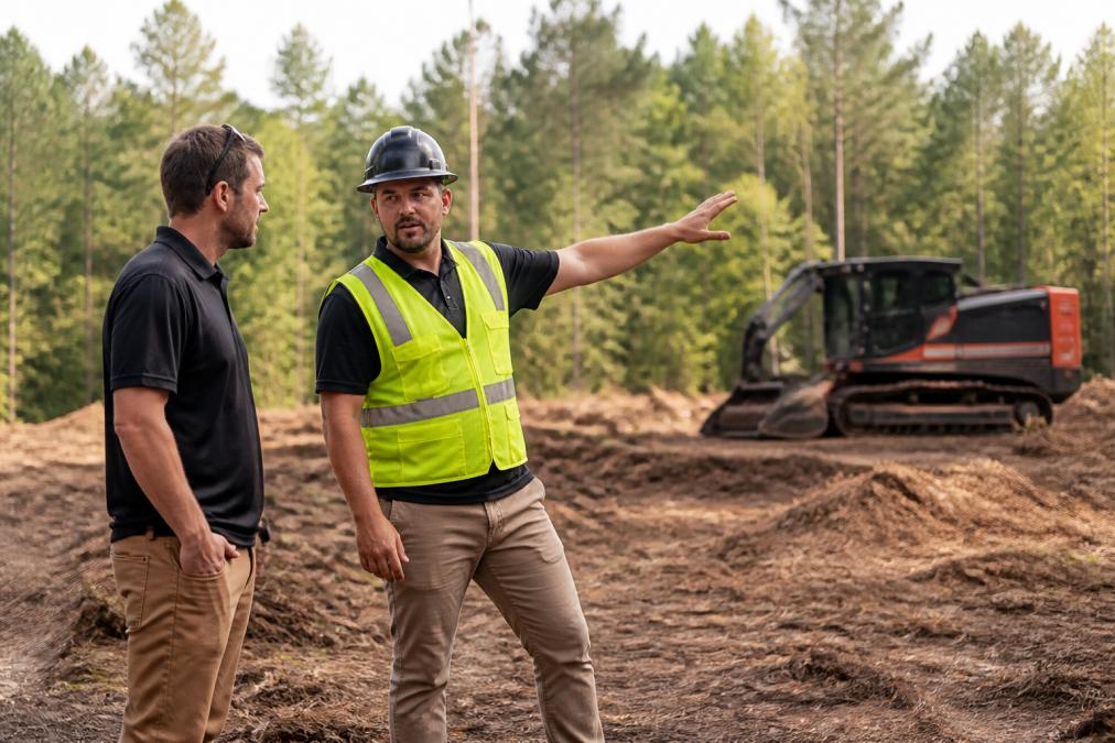 Professional land clearing contractor in safety gear walking the property with a homeowner, pointing out terrain features and discussing clearing plans with equipment visible in the background