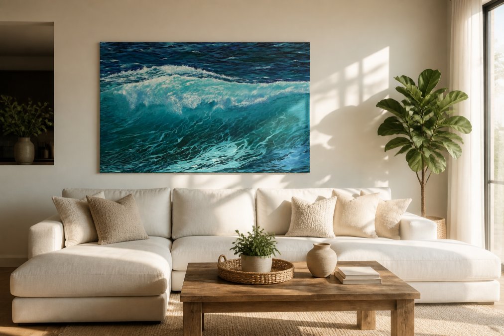 Modern living room with a large oversized landscape canvas print of a seascape as the focal point above a neutral sofa, natural light streaming across the artwork highlighting its texture and colour depth, minimalist décor allowing the print to anchor the space
