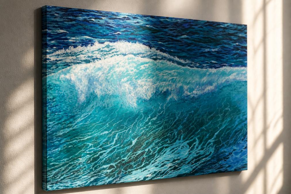 Close-up detail of a landscape canvas print hanging on a wall with natural daylight streaming across it, showing how warm morning light reveals the texture and colour depth of the seascape artwork, with shadows emphasising the canvas weave