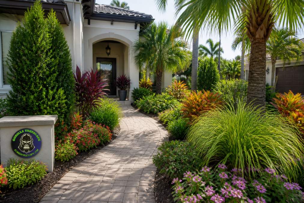 A well-maintained front yard in South Florida with layered plantings: tall evergreen shrubs, colorful perennials, and ornamental grasses framing a paver walkway leading to a home's entryway