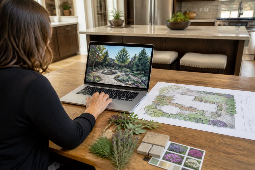 A homeowner sitting at a kitchen table with a laptop open to a 3D landscape design, printed site plan and plant samples nearby