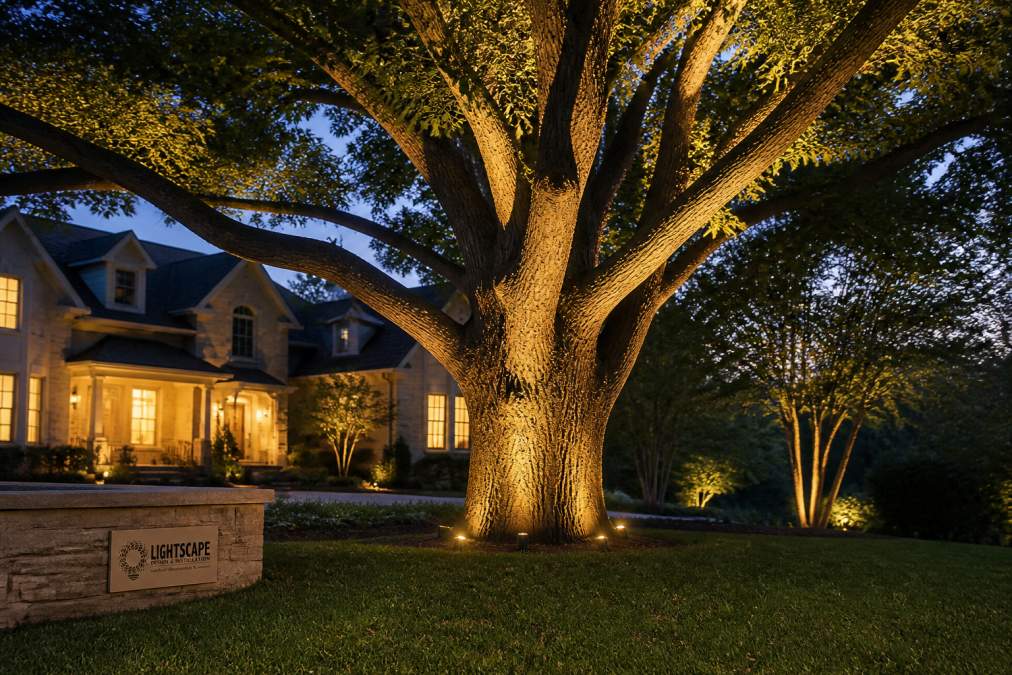 Diagram illustrating landscape lighting placement techniques for highlighting oak tree bark and canopy textures.