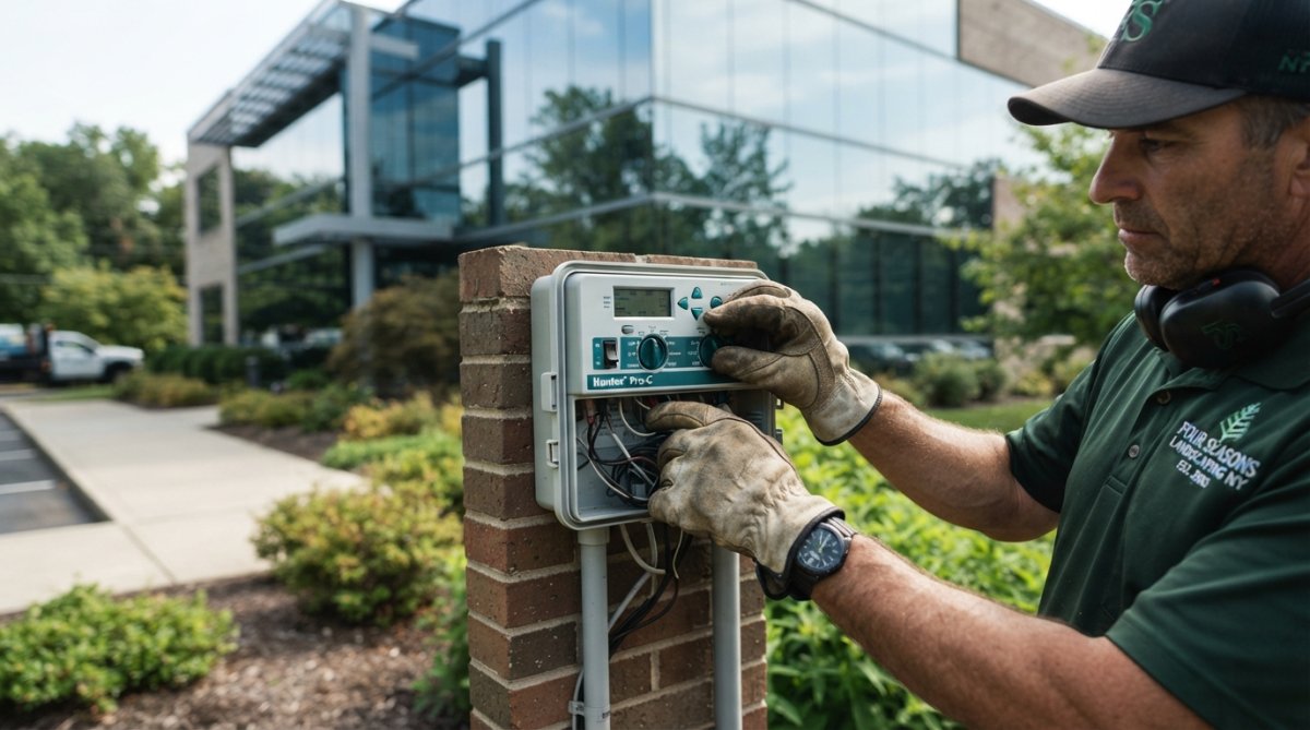 Close-up of a landscaper's hands adjusting an irrigation controller while a commercial building with glass facade stands in the soft-focus background