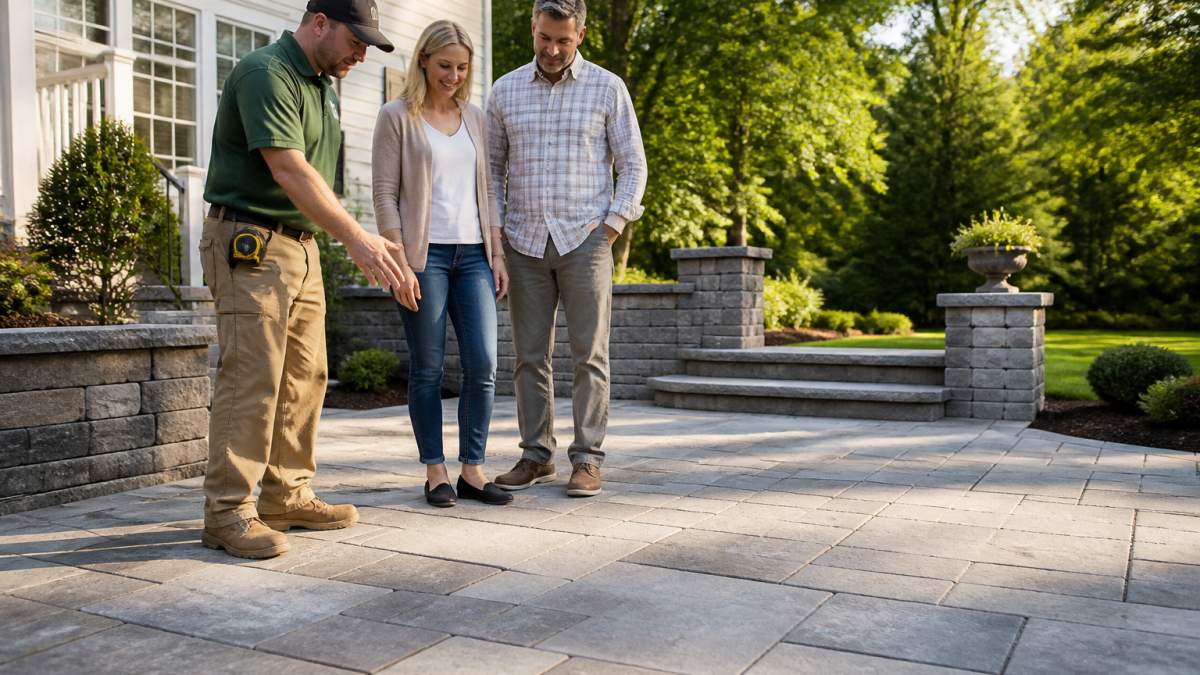 Contractors showing stone patio patterns to a homeowner, installed by the best landscaping contractors in Hampton Roads.
