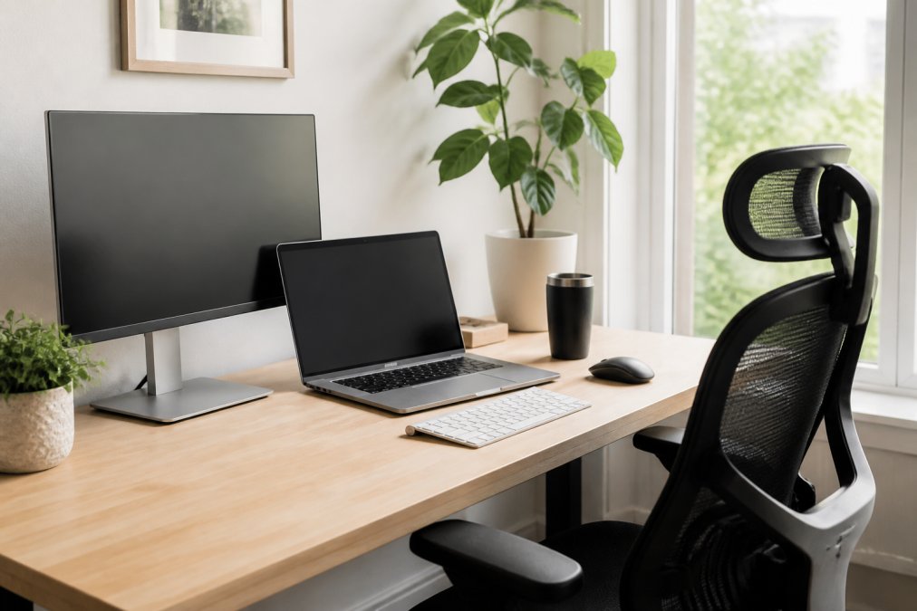 A clean, bright home office desk setup featuring a modern laptop, an external monitor, and an ergonomic chair, with natural light streaming in from a window