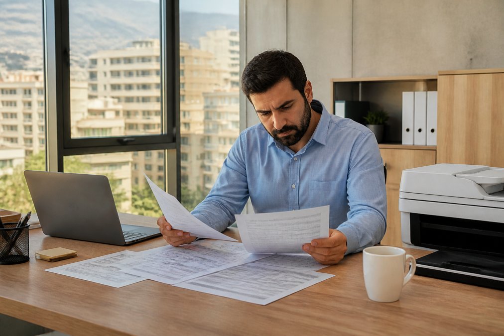 A small business owner in a bright Beirut office comparing printer specification sheets spread across a wooden desk, laptop open beside a cup of coffee, natural morning light through the window