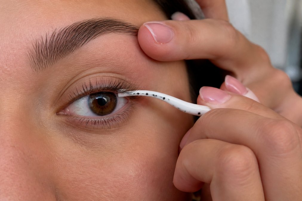Close-up of hands holding a precision lash mapping tool against an eye, showing cluster placement points marked along the lash line with proper spacing between clusters