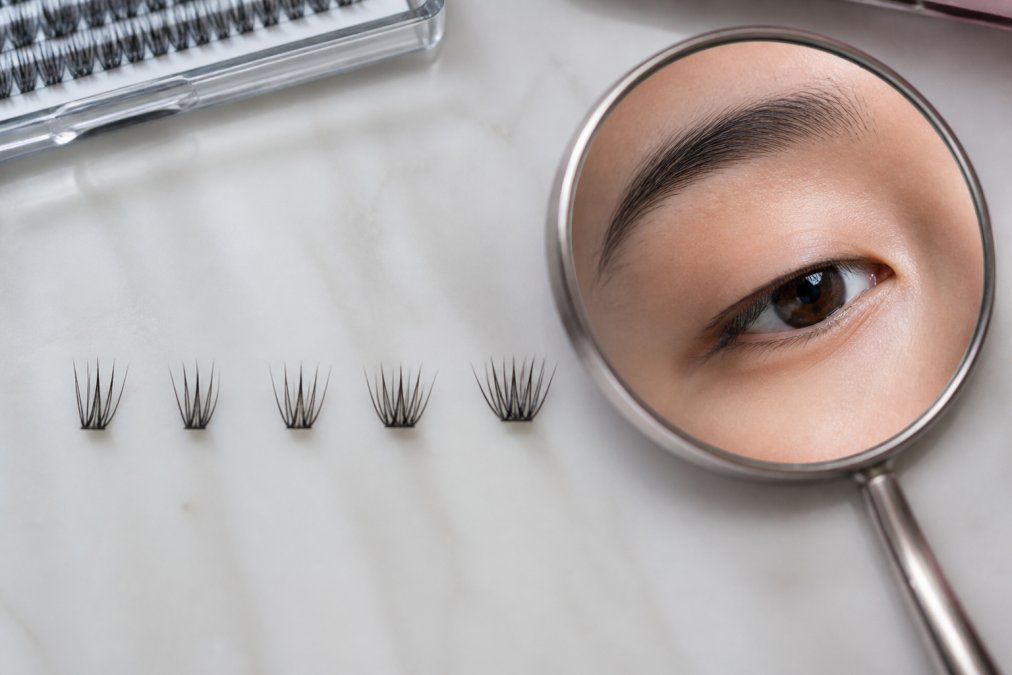 Overhead flat-lay of five lash cluster segments arranged in a row on a white surface, labeled Zone 1 through Zone 5 with lengths 8 mm to 14 mm, next to a small mirror reflecting a hooded eye