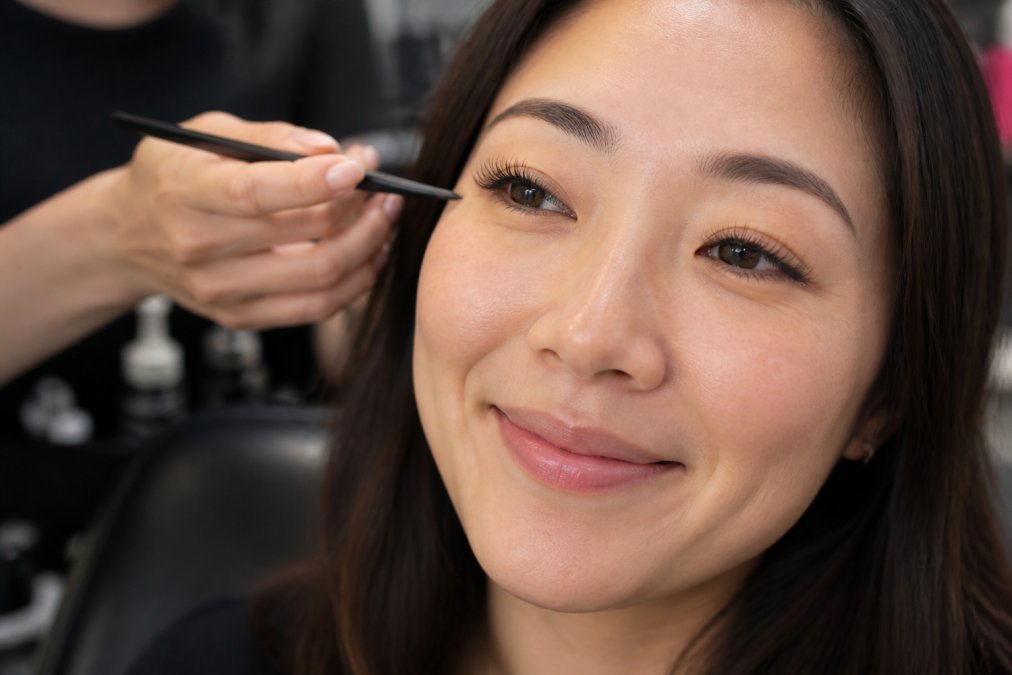 Close-up of a woman with natural-looking, wispy eyelash extensions, smiling gently in a bright, modern salon setting with soft lighting