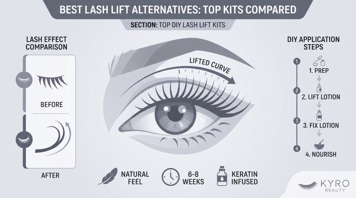 Close-up of a person's eye showing naturally lifted, curled lashes with voluminous appearance after a lash lift treatment, with soft natural lighting