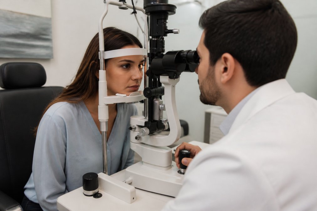 An ophthalmologist in a modern clinic examining a patient's eye with a slit lamp, showing a professional and attentive medical environment