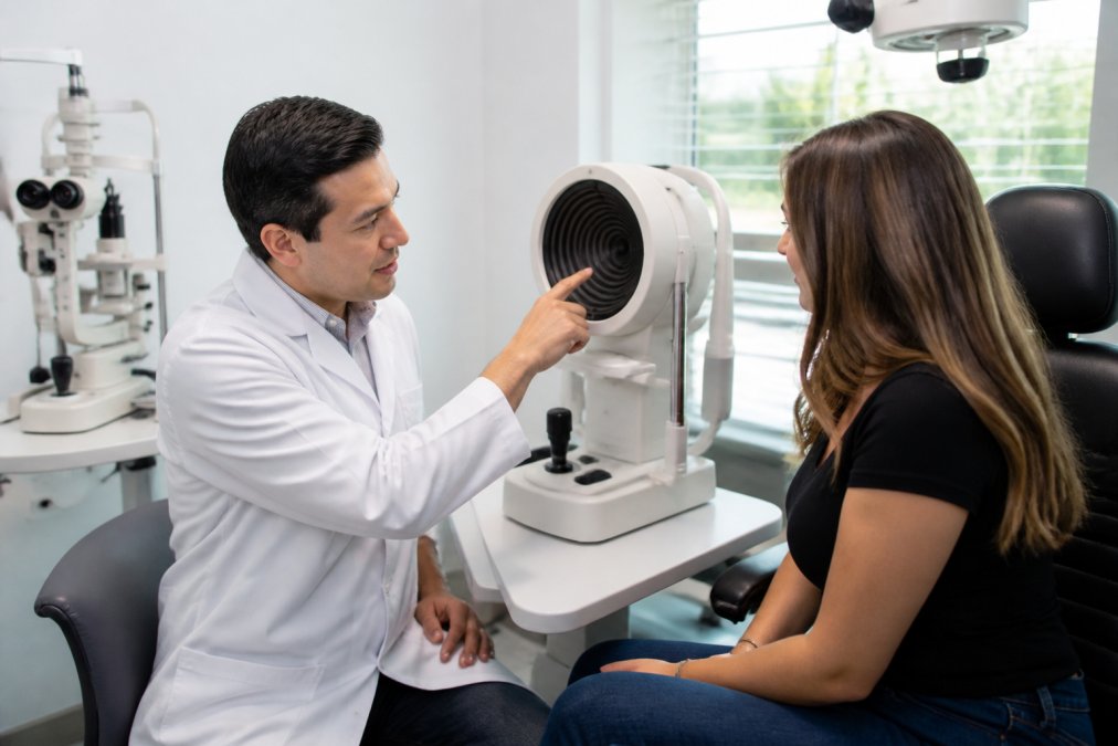 An ophthalmologist in a white coat explaining a corneal scan on a monitor to a seated patient in a bright, modern eye clinic exam room