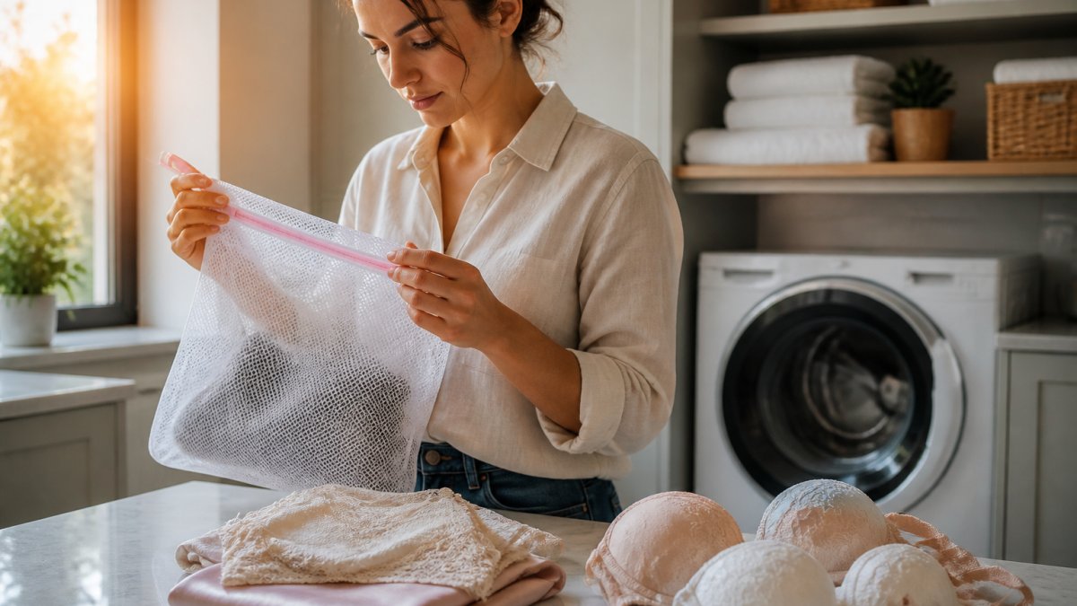 Close-up of hands examining the fine mesh fabric and zipper closure of a white laundry bag, with folded silk lingerie and bras visible on a clean surface nearby