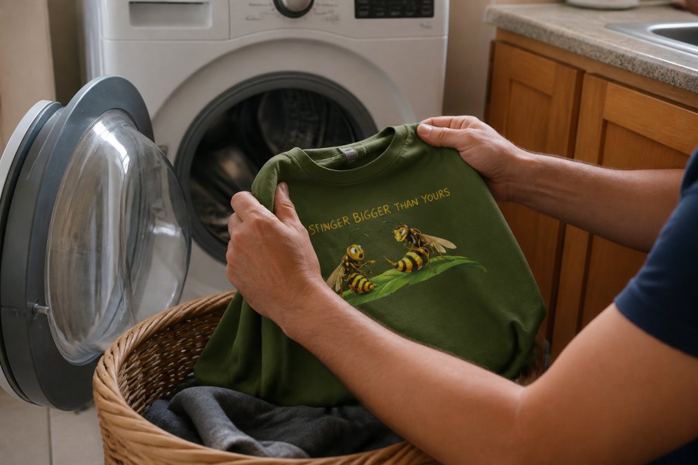 Hands turning a patriotic graphic t-shirt inside out before placing it in a washing machine, with the washer door open and natural kitchen lighting