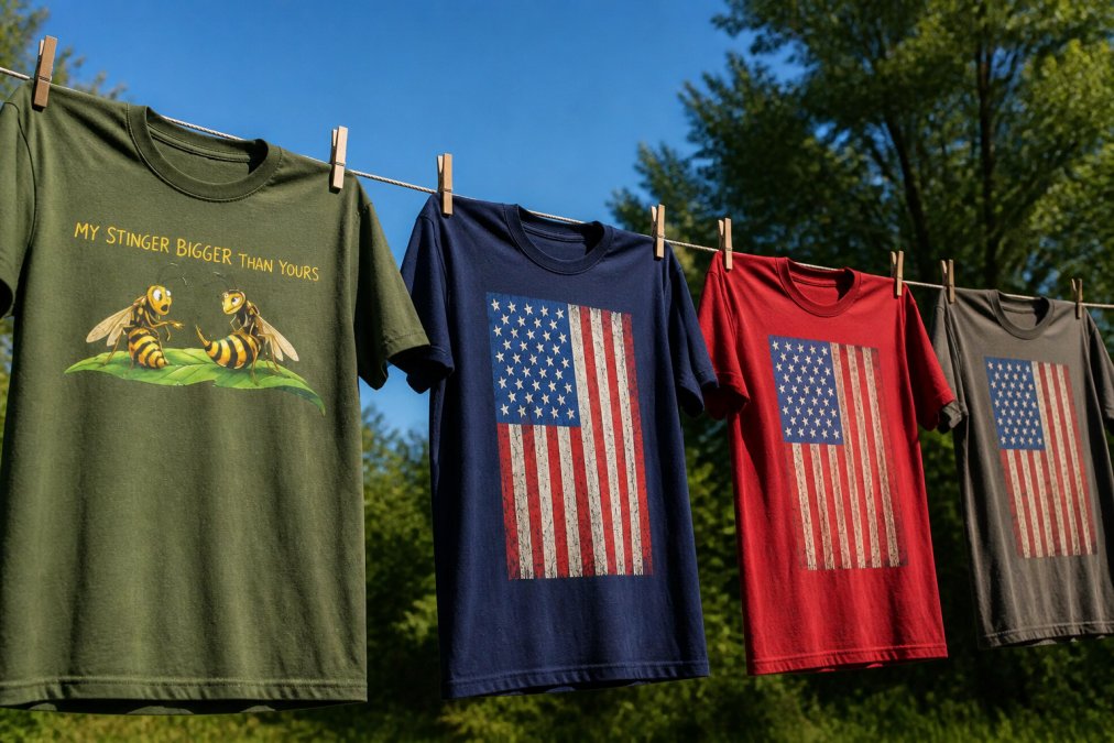 Several patriotic graphic t-shirts hanging on a clothesline in natural sunlight, with trees and blue sky visible in the background, showing proper air-drying technique