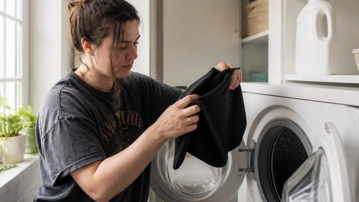Hands turning a graphic t-shirt inside out before washing it with mild detergent