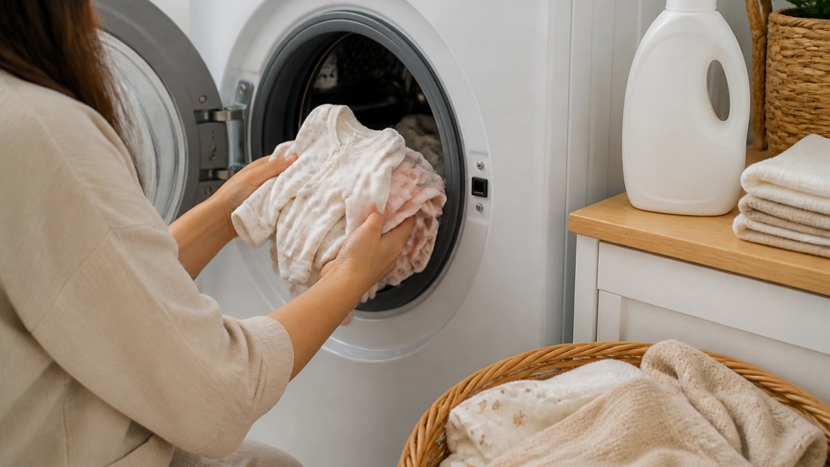 Parent's hands carefully placing soft baby clothes into a washing machine, with a bottle of gentle detergent visible on the counter nearby