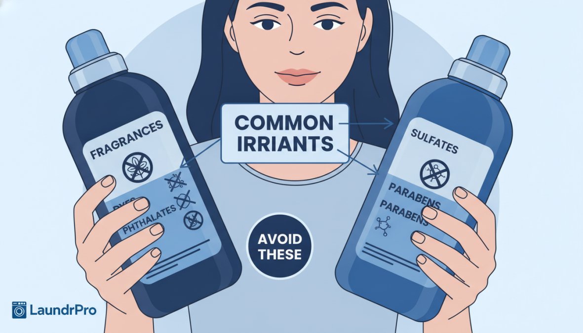 Close-up of hands examining laundry detergent bottles with ingredient labels visible, person reading packaging carefully under bright natural light