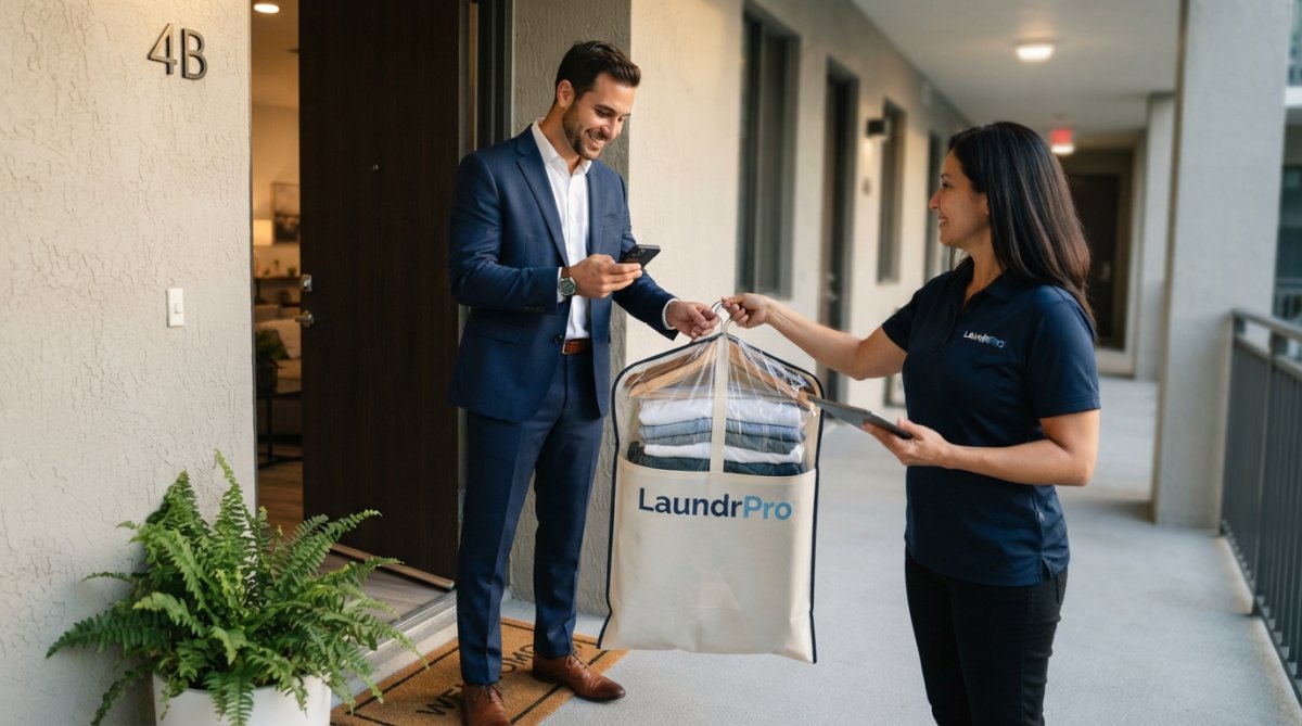 A busy professional in business attire checking their phone while a delivery person hands them a neatly folded laundry bag at their doorstep on a sunny morning
