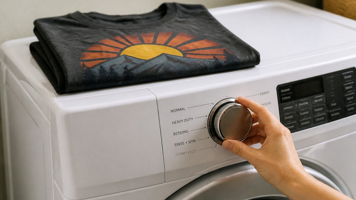 A close-up of a modern washing machine control panel with a hand selecting a gentle cycle setting, with a folded cotton graphic tee resting on top of the machine