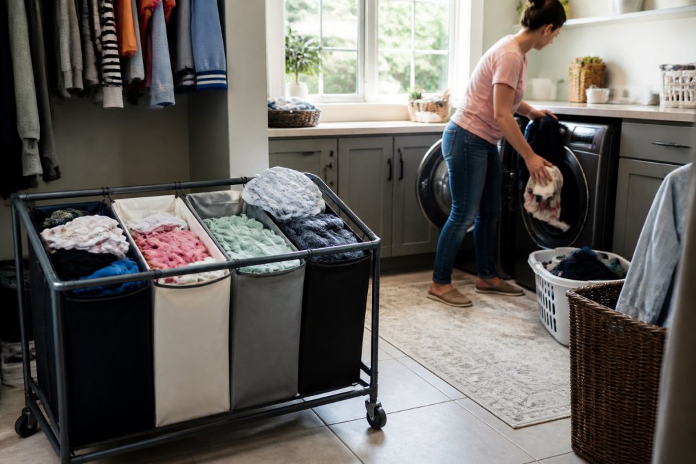 Busy family laundry room with a multi-compartment sorter filled with sorted loads showing different fabric types and colors separated, with a parent loading clothes into washing machine with natural light from window