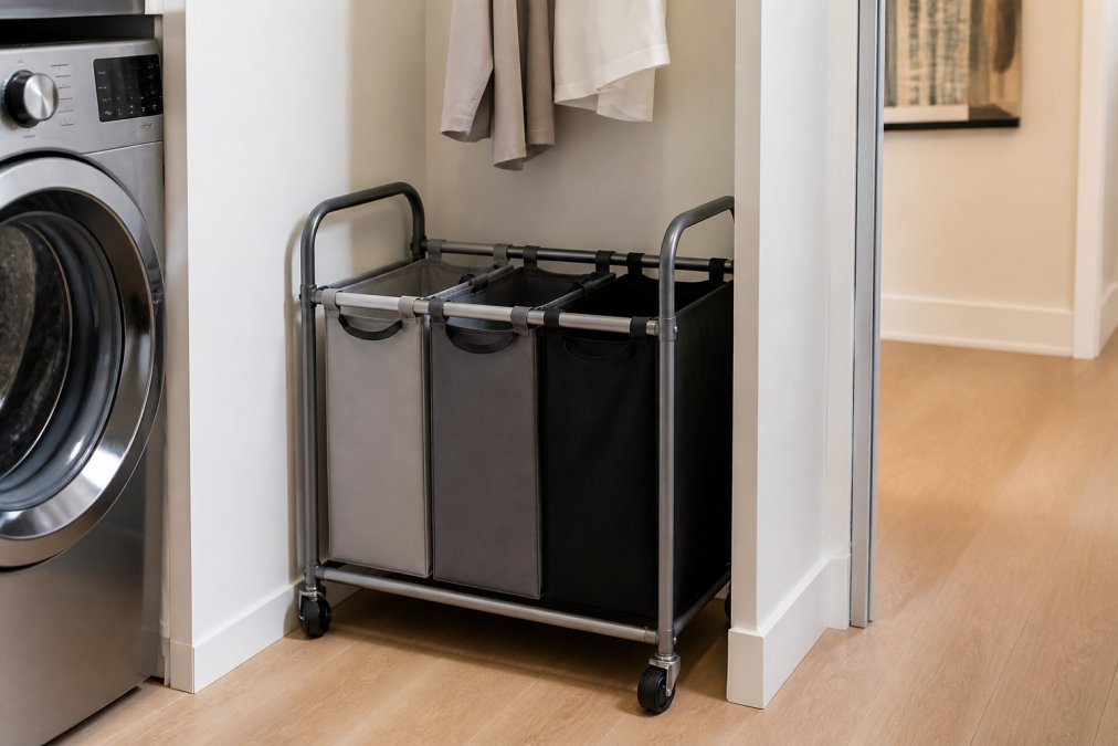 Compact laundry sorter with wheels positioned in small apartment laundry nook showing efficient wall placement with ergonomic handles visible and clean minimal surrounding space