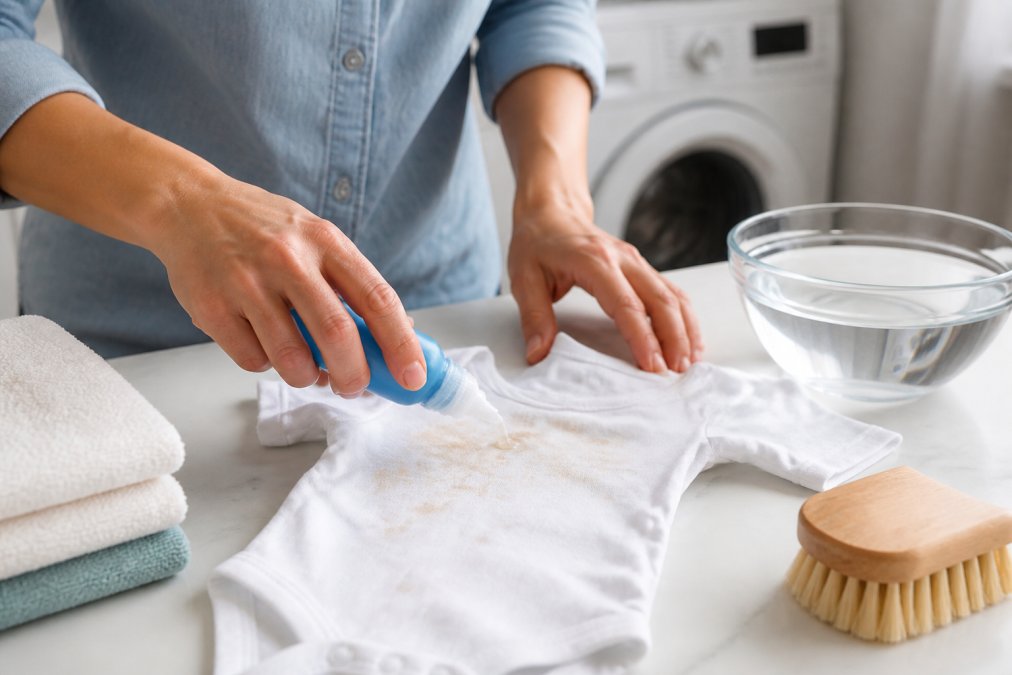 Parent applying liquid stain remover to a baby onesie on a bright countertop