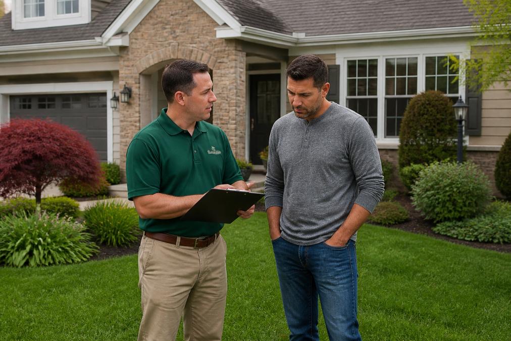 Professional lawn care technician meeting with homeowner in residential yard, reviewing property while holding clipboard and discussing maintenance plan, natural daylight, suburban setting