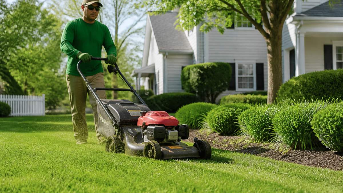 Professional landscaper pushing a residential mower across a healthy green lawn at optimal cutting height, with freshly cut grass clippings visible and manicured lawn edges in natural daylight